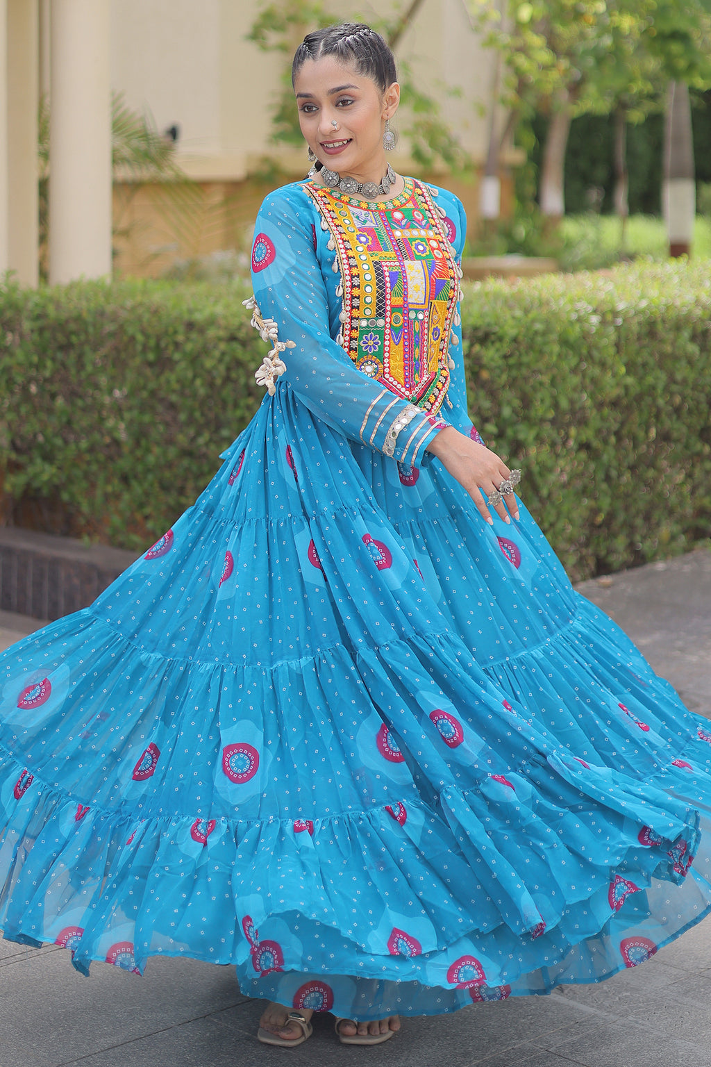 Blue Georgette Bandhej Printed Flared Anarkali Kurti with Kachchi Work