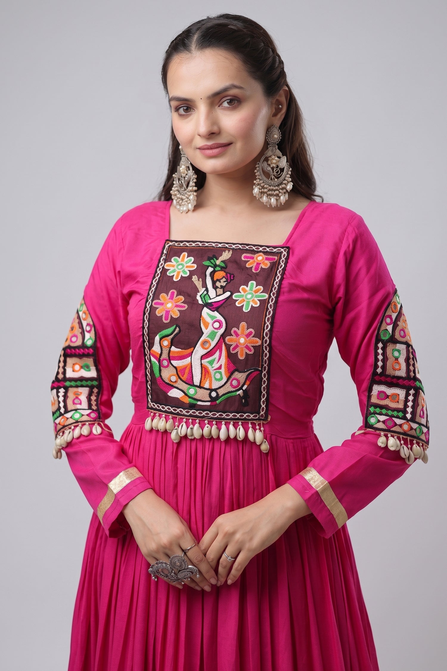 Pink Rayon Kachchi and Mirror Worked Flared Anarkali Kurti
