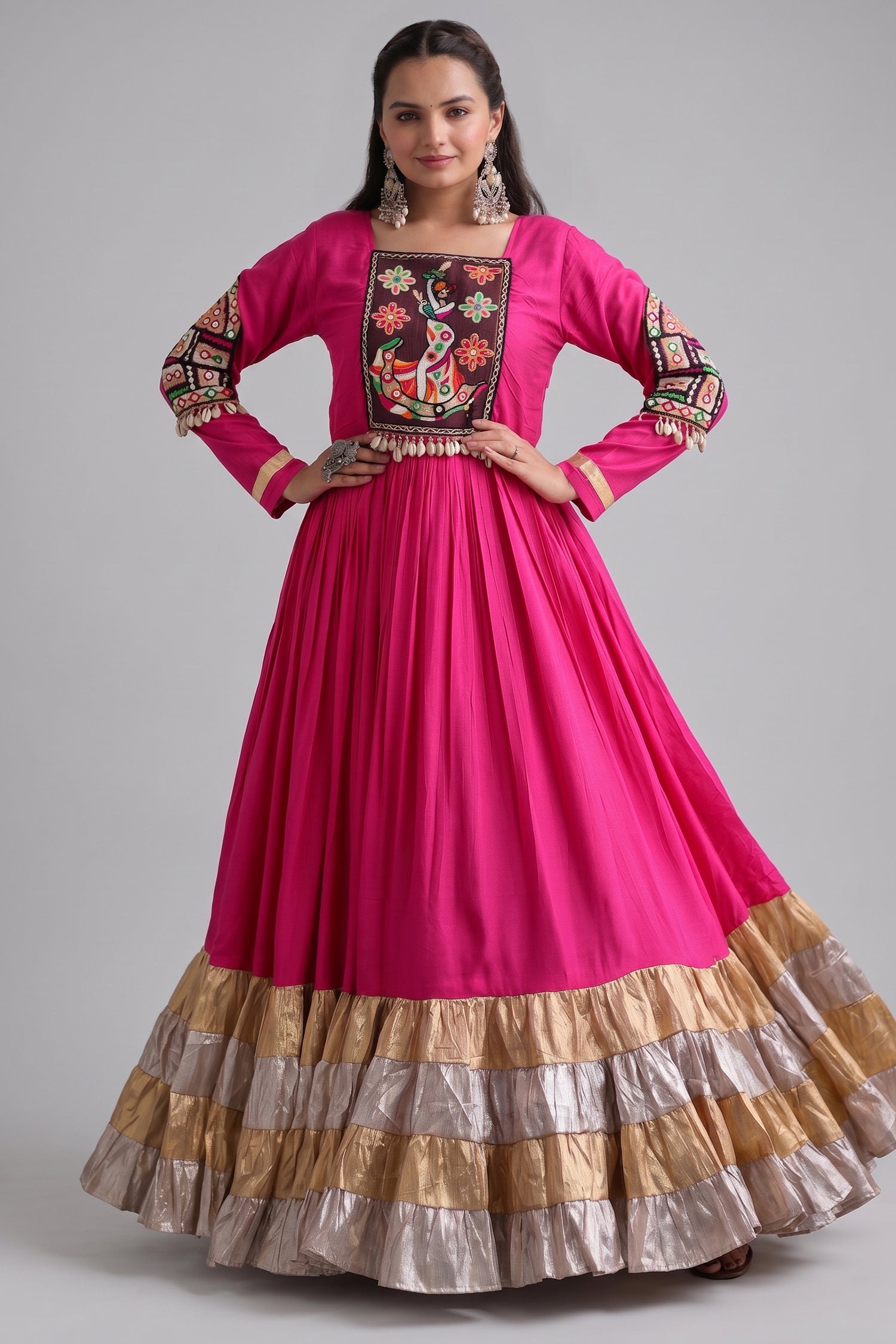 Pink Rayon Kachchi and Mirror Worked Flared Anarkali Kurti