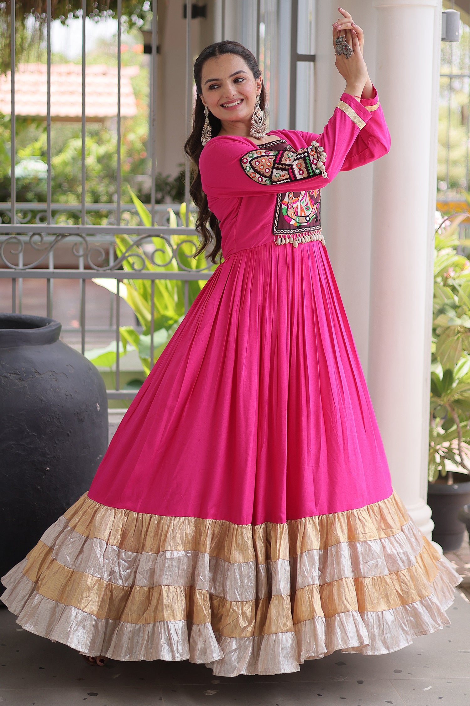 Pink Rayon Kachchi and Mirror Worked Flared Anarkali Kurti