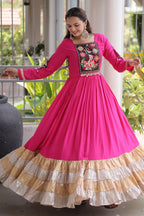 Pink Rayon Kachchi and Mirror Worked Flared Anarkali Kurti
