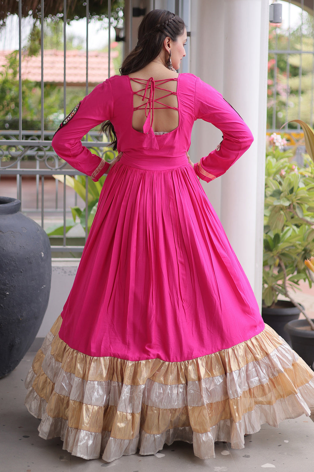 Pink Rayon Kachchi and Mirror Worked Flared Anarkali Kurti