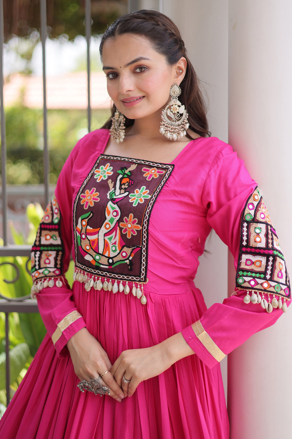 Pink Rayon Kachchi and Mirror Worked Flared Anarkali Kurti
