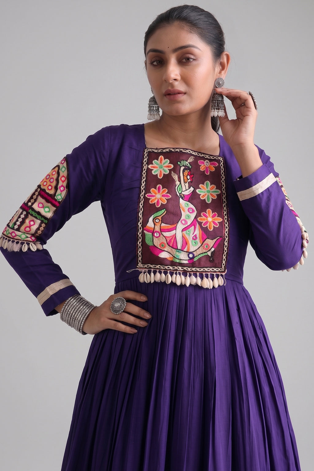 Purple Rayon Kachchi and Mirror Worked Flared Anarkali Kurti