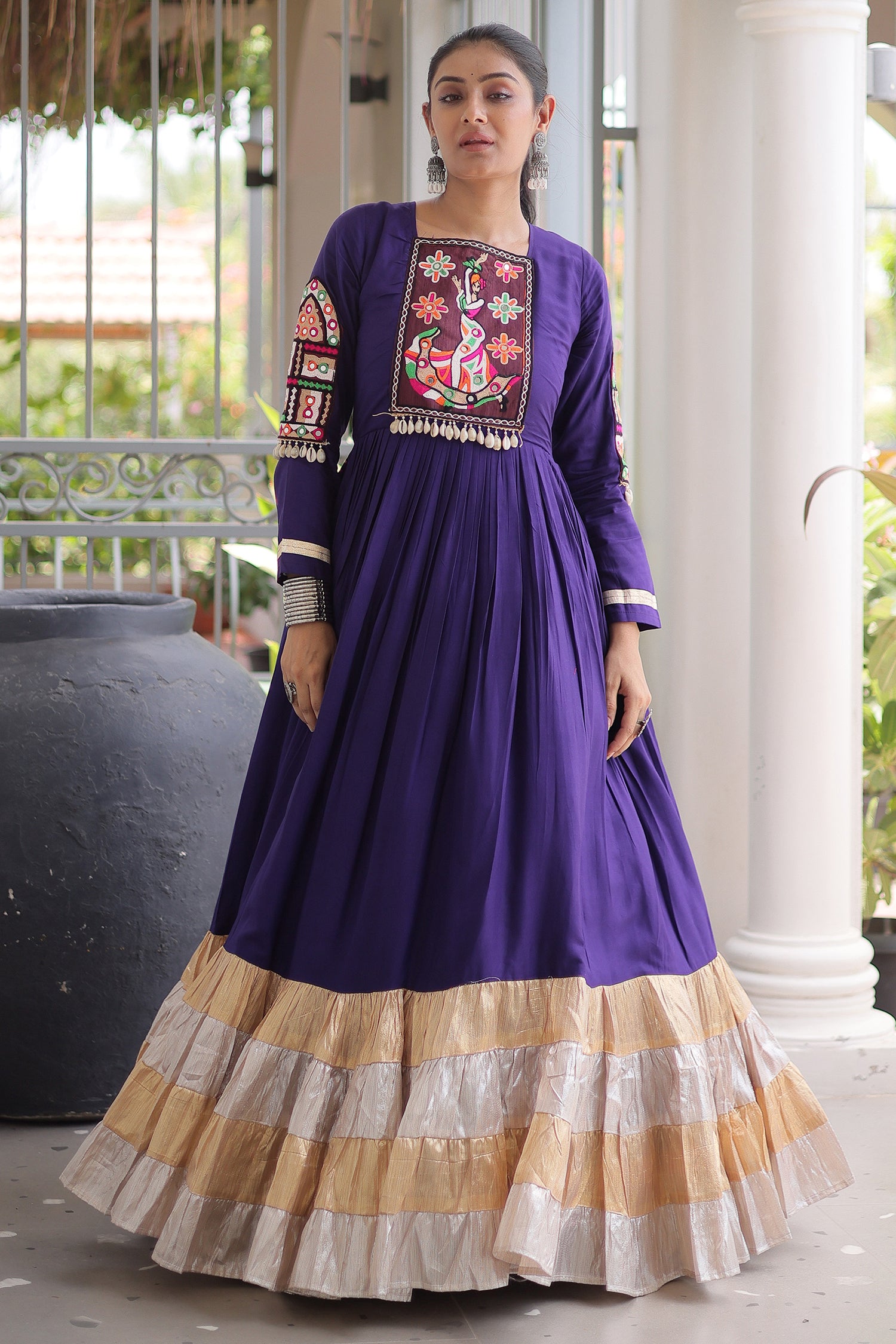 Purple Rayon Kachchi and Mirror Worked Flared Anarkali Kurti