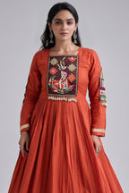 Orange Rayon Kachchi and Mirror Worked Flared Anarkali Kurti