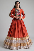 Orange Rayon Kachchi and Mirror Worked Flared Anarkali Kurti