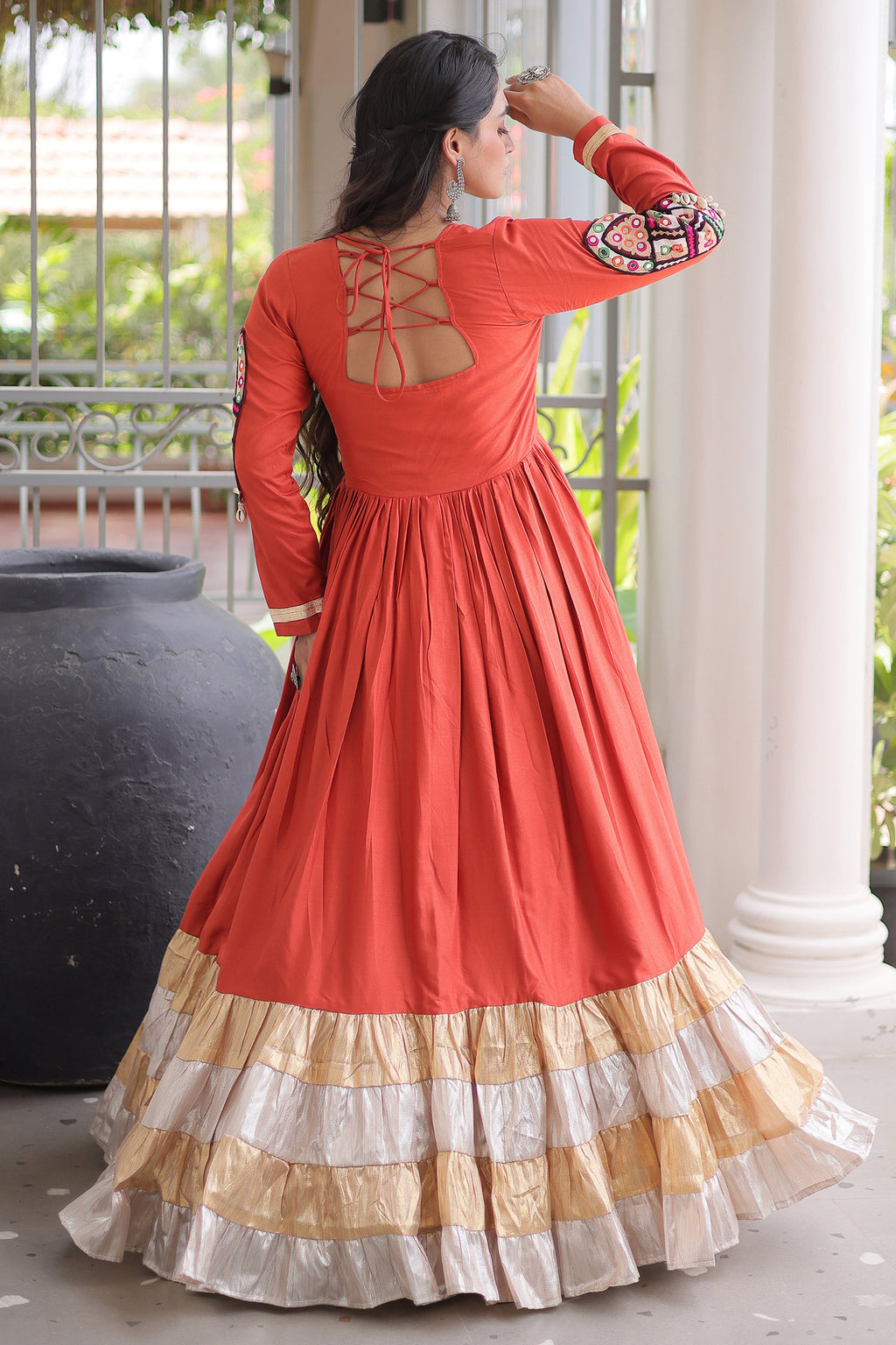 Orange Rayon Kachchi and Mirror Worked Flared Anarkali Kurti
