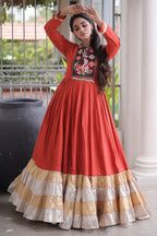 Orange Rayon Kachchi and Mirror Worked Flared Anarkali Kurti