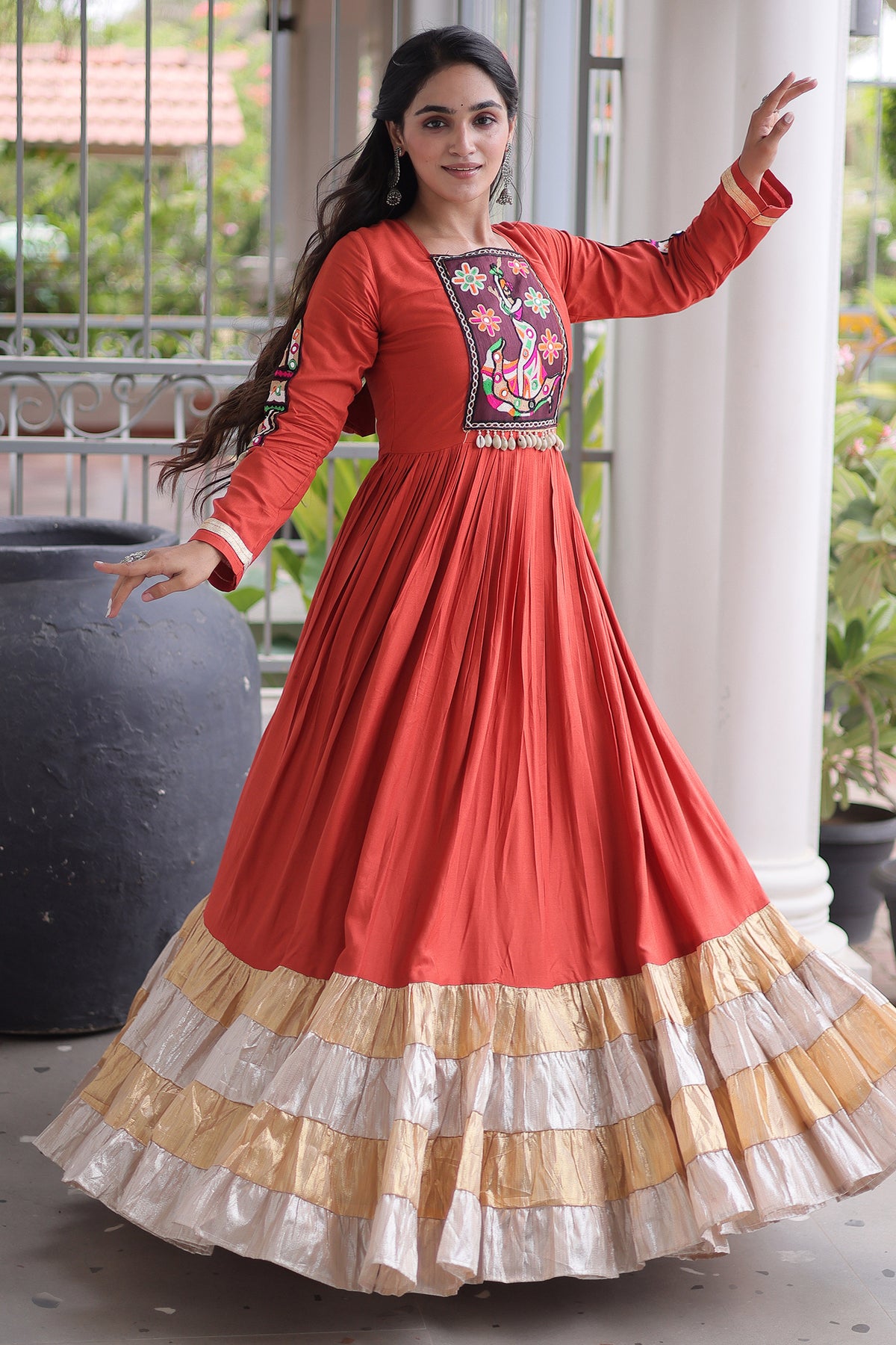 Orange Rayon Kachchi and Mirror Worked Flared Anarkali Kurti