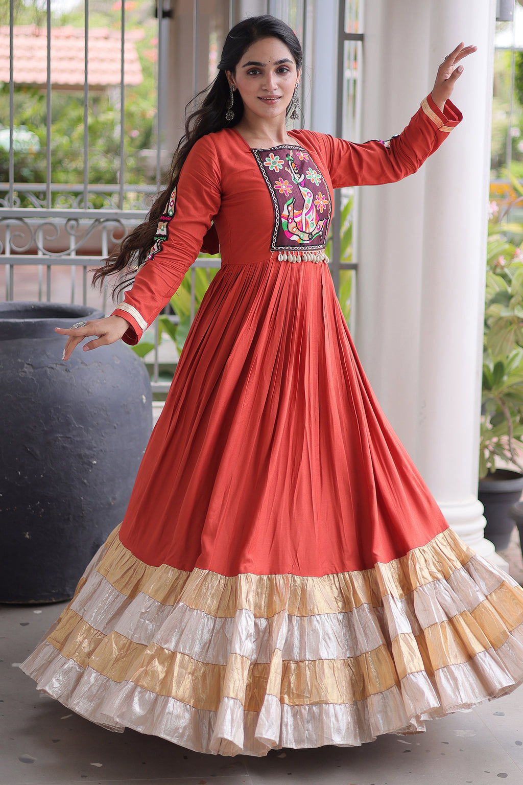 Orange Rayon Kachchi and Mirror Worked Flared Anarkali Kurti