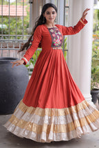 Orange Rayon Kachchi and Mirror Worked Flared Anarkali Kurti