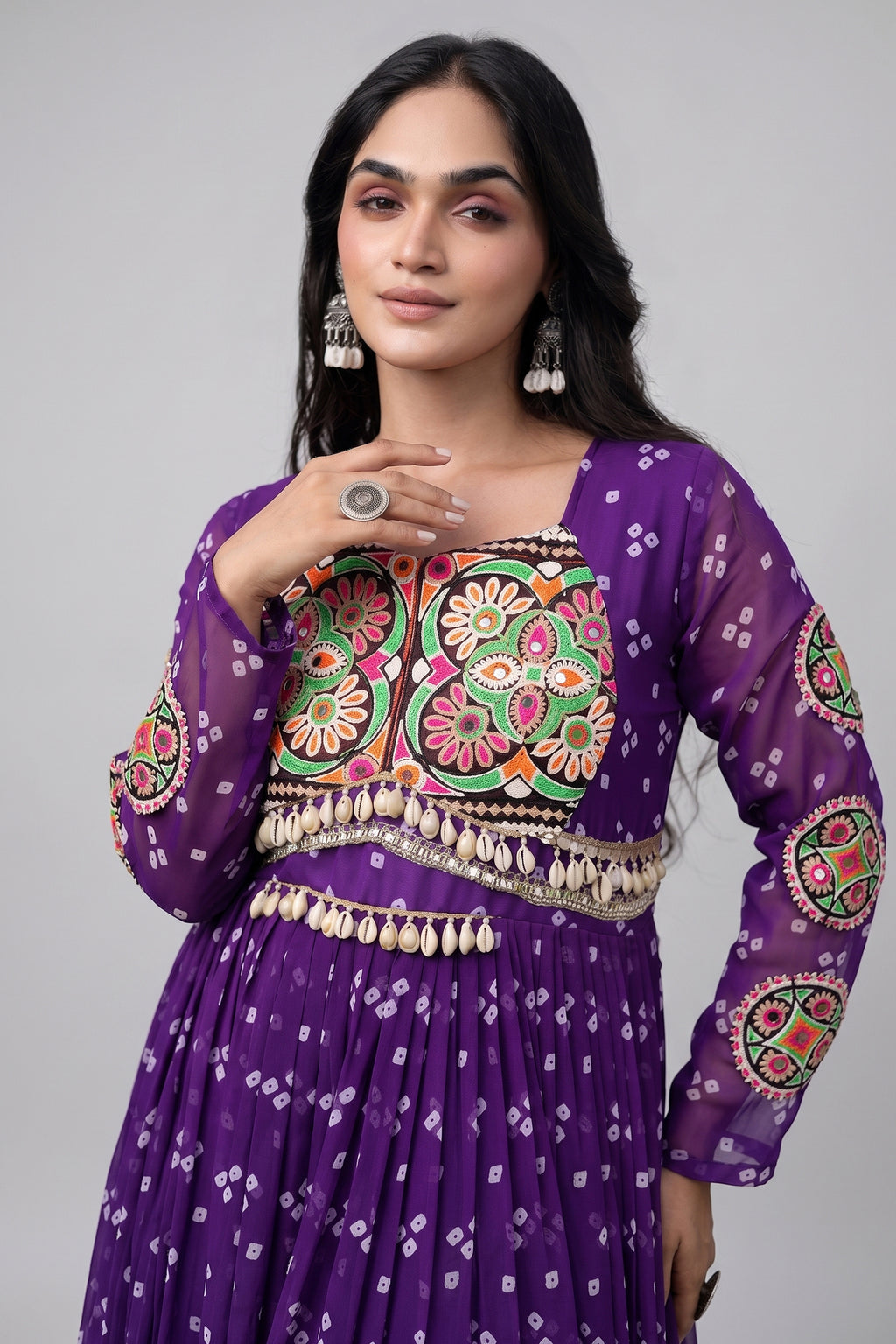 Purple Georgette Printed Flared Anarkali Kurti with Kachchi Work