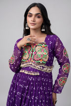 Purple Georgette Printed Flared Anarkali Kurti with Kachchi Work