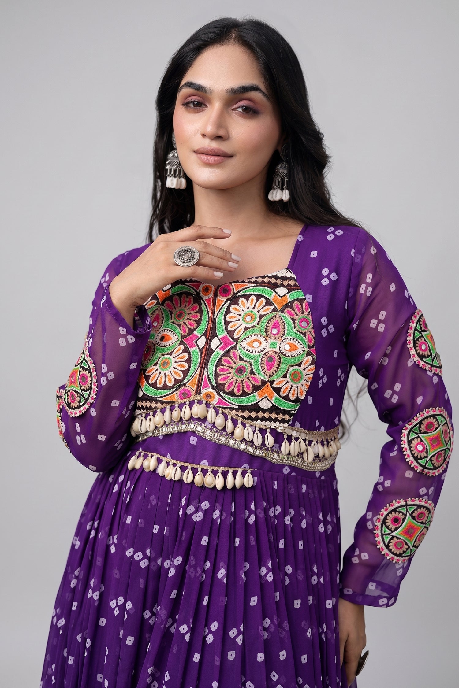 Purple Georgette Printed Flared Anarkali Kurti with Kachchi Work