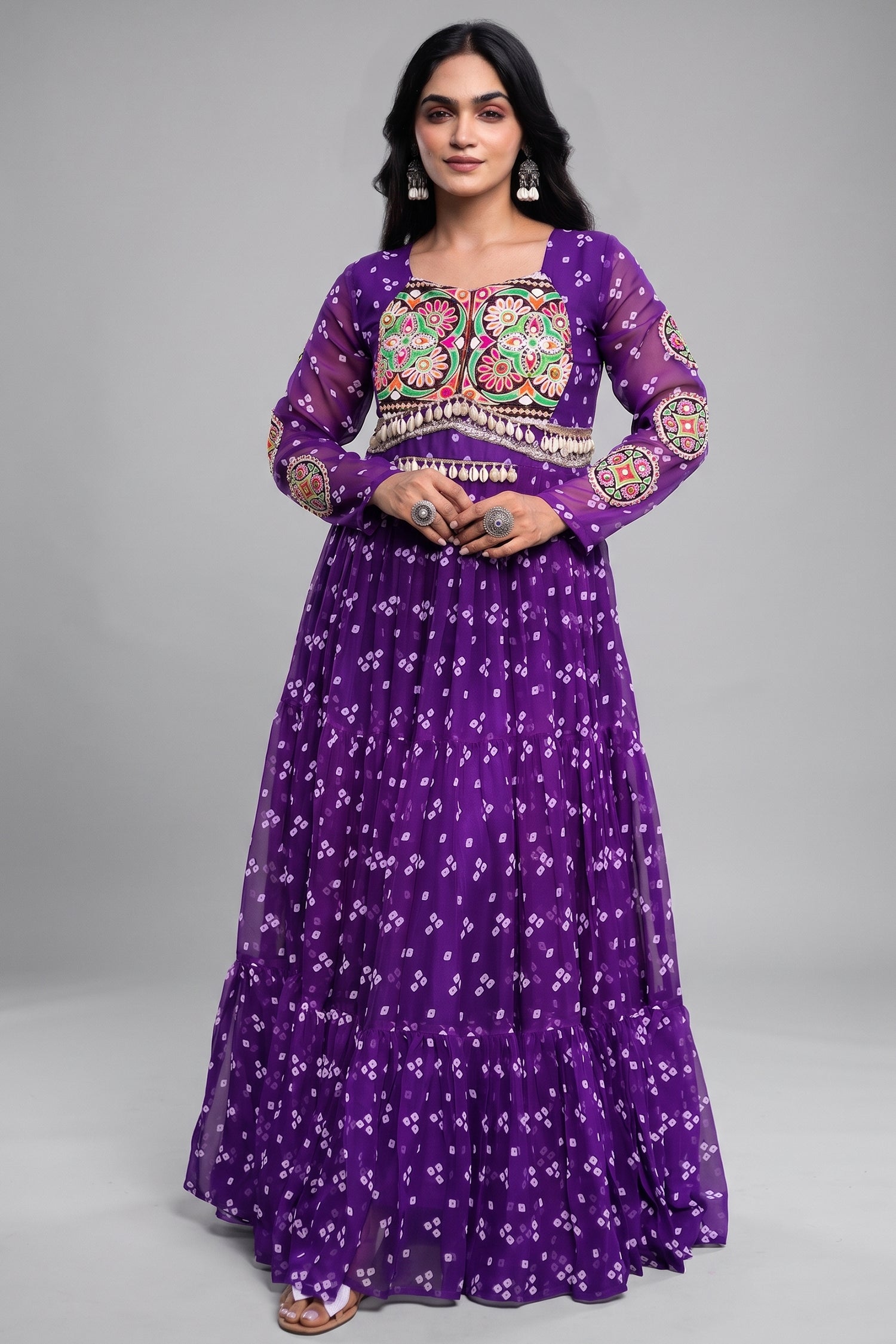 Purple Georgette Printed Flared Anarkali Kurti with Kachchi Work Main image