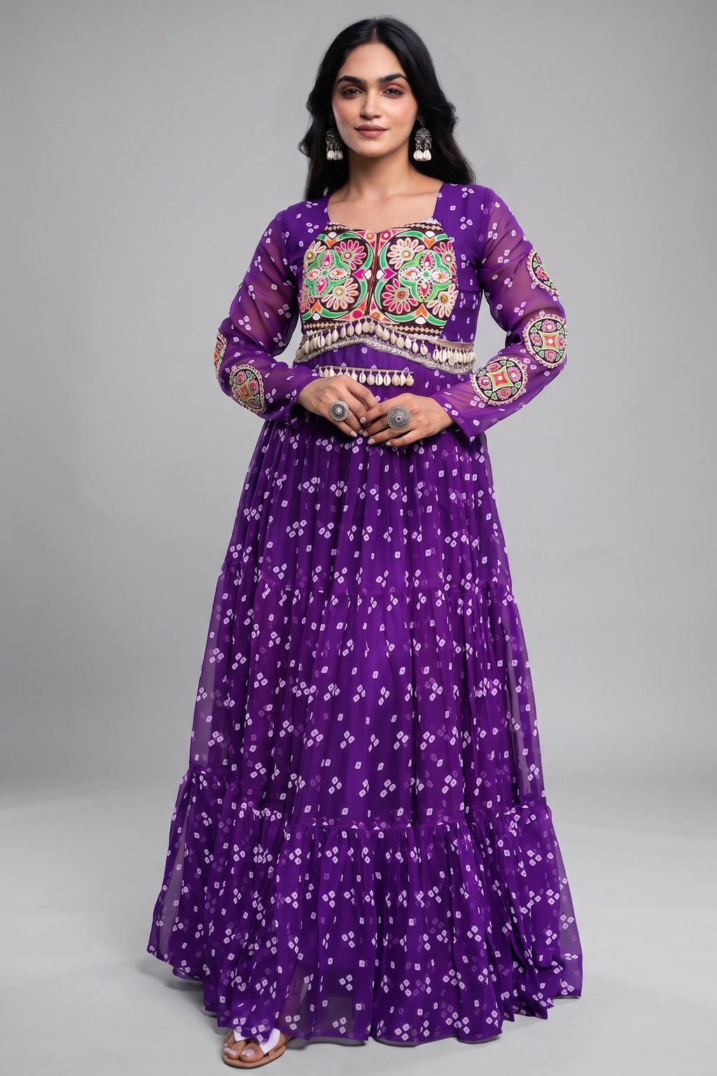 Purple Georgette Printed Flared Anarkali Kurti with Kachchi Work