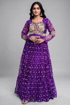 Purple Georgette Printed Flared Anarkali Kurti with Kachchi Work