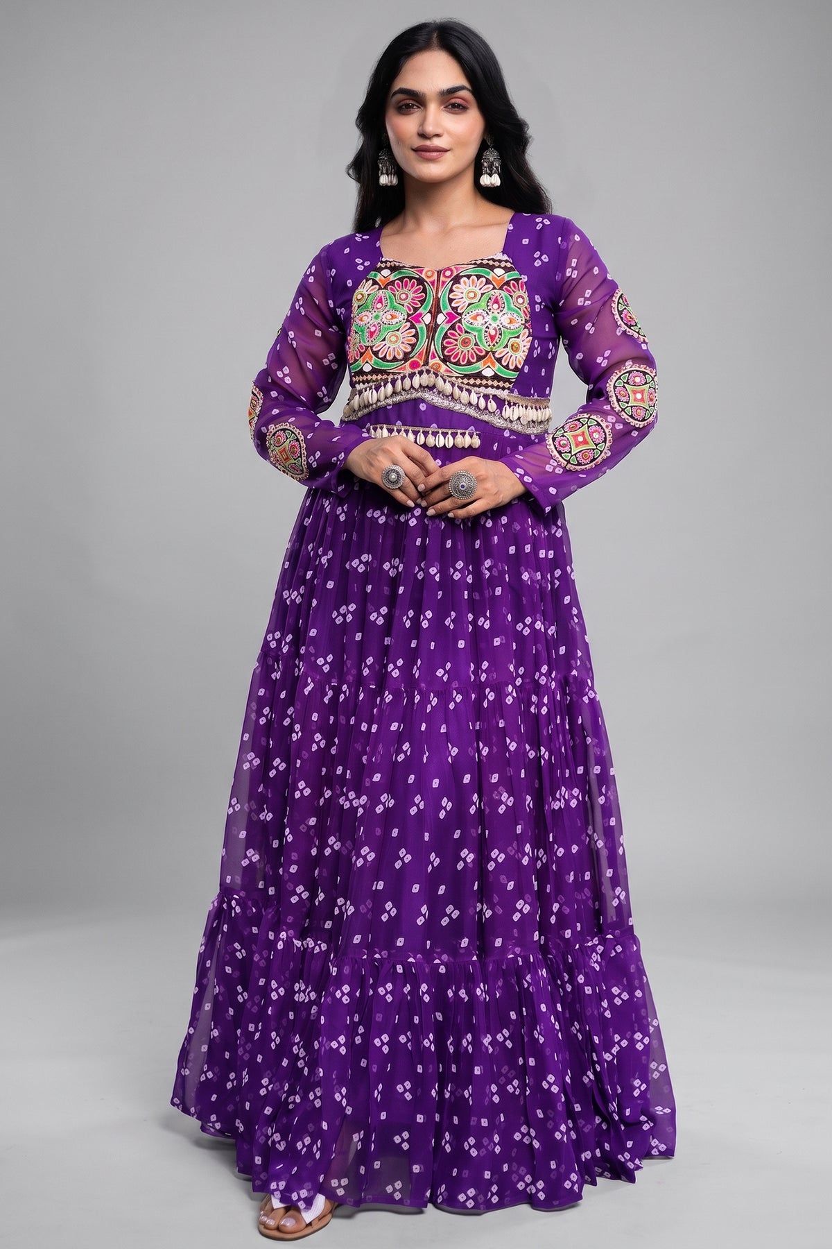 Purple Georgette Printed Flared Anarkali Kurti with Kachchi Work