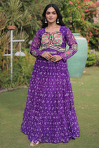 Purple Georgette Printed Flared Anarkali Kurti with Kachchi Work