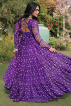 Purple Georgette Printed Flared Anarkali Kurti with Kachchi Work