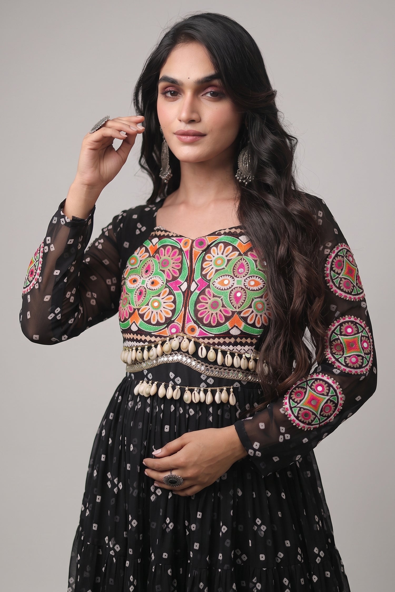 Black Georgette Printed Flared Anarkali Kurti with Kachchi Work Secondary image
