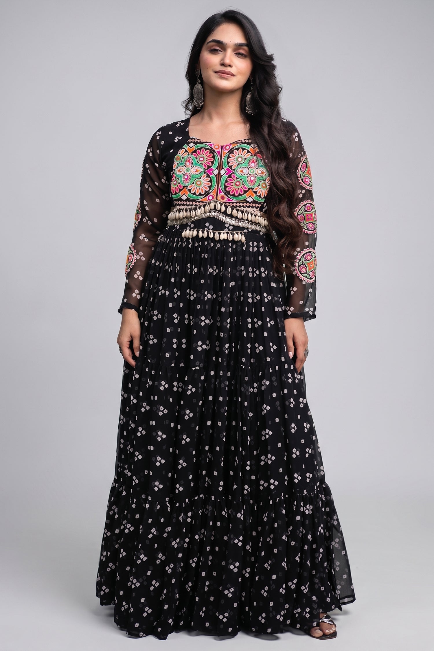 Black Georgette Printed Flared Anarkali Kurti with Kachchi Work Main image