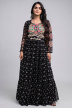 Black Georgette Printed Flared Anarkali Kurti with Kachchi Work