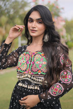 Black Georgette Printed Flared Anarkali Kurti with Kachchi Work