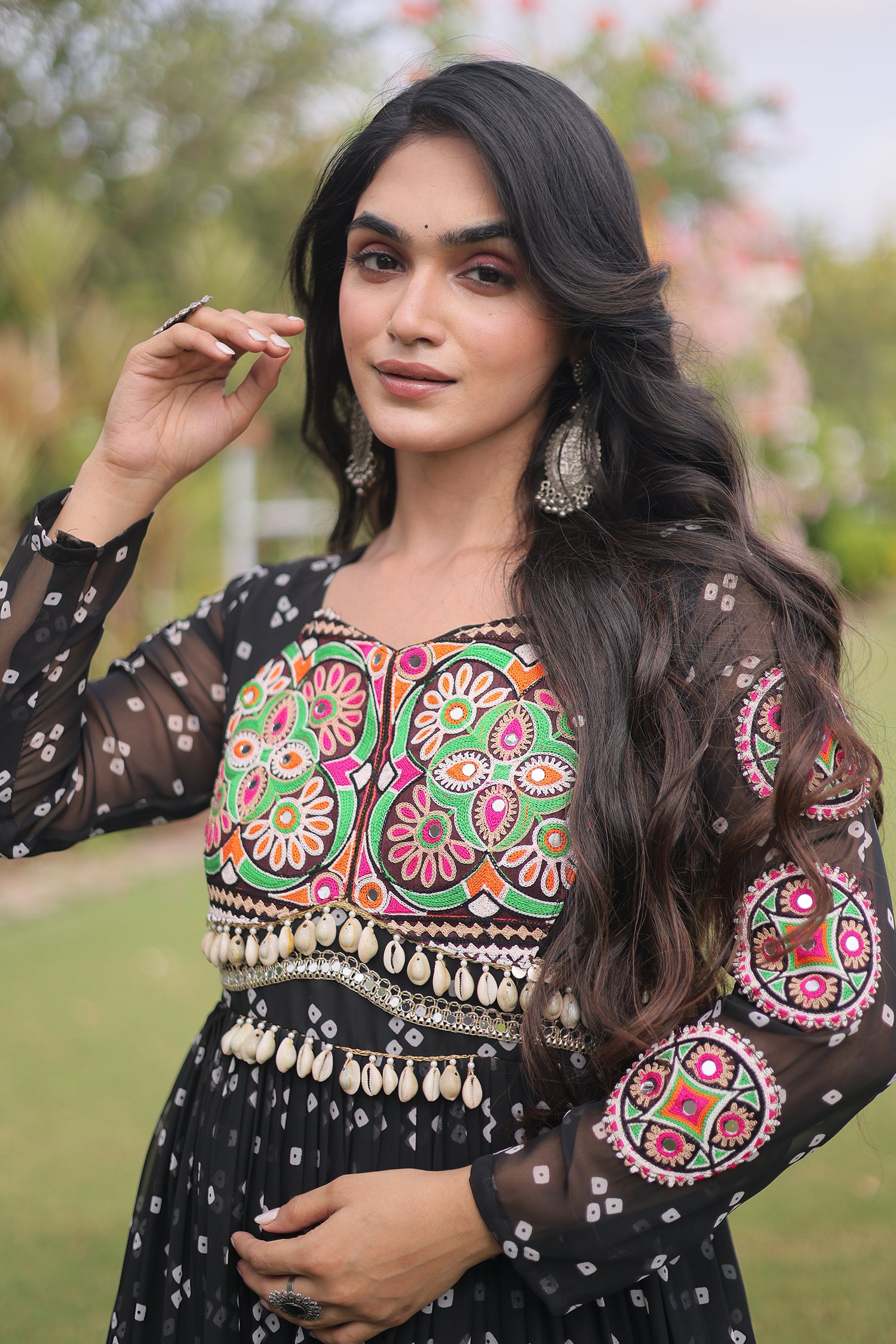 Black Georgette Printed Flared Anarkali Kurti with Kachchi Work