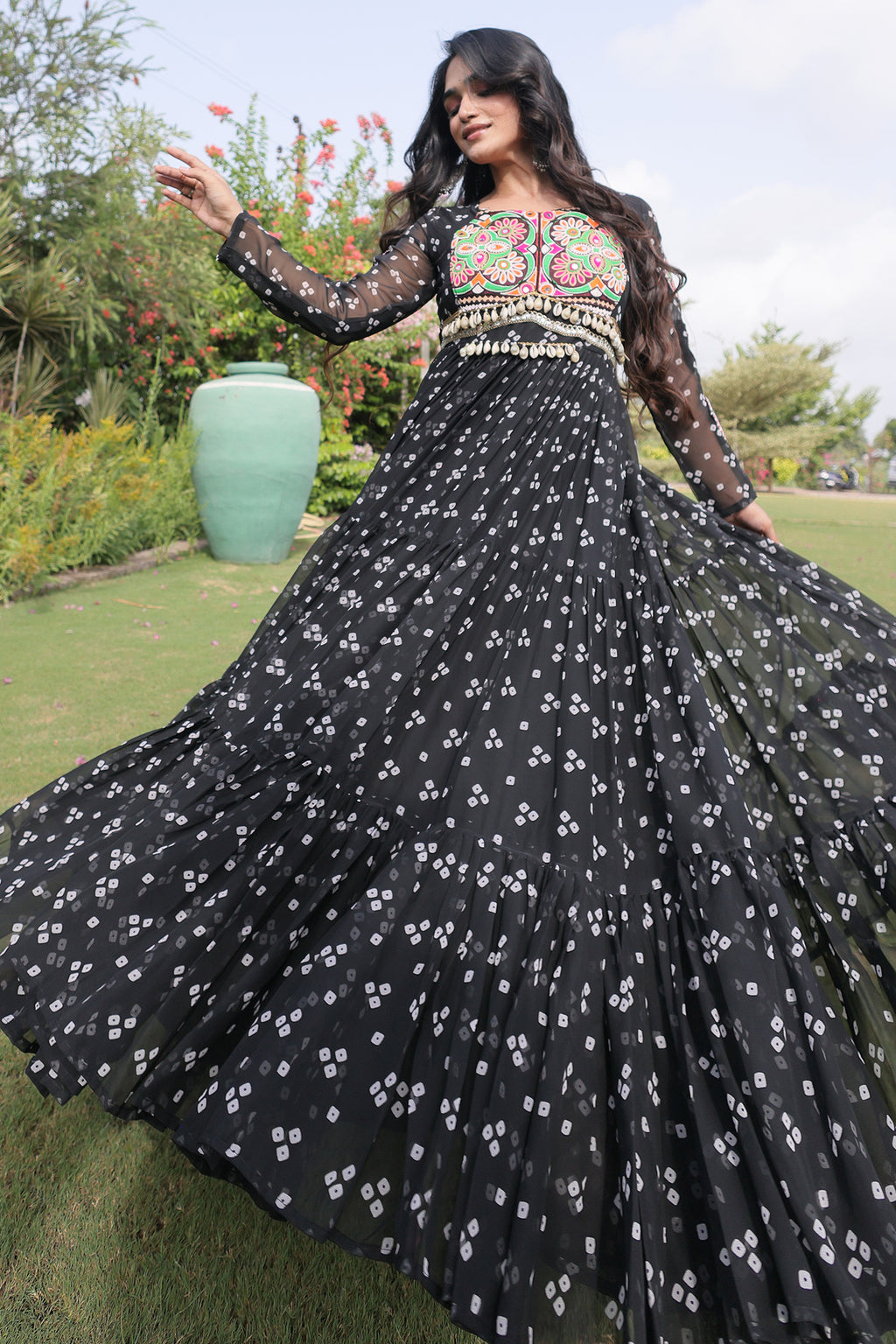 Black Georgette Printed Flared Anarkali Kurti with Kachchi Work