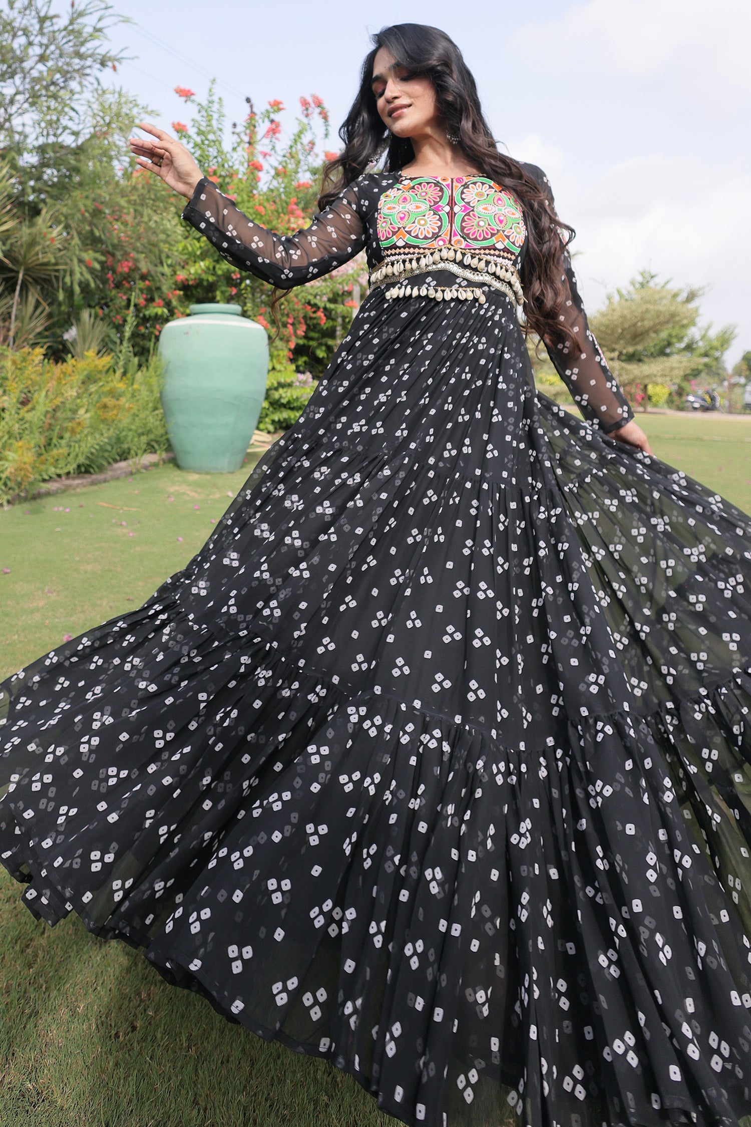 Black Georgette Printed Flared Anarkali Kurti with Kachchi Work