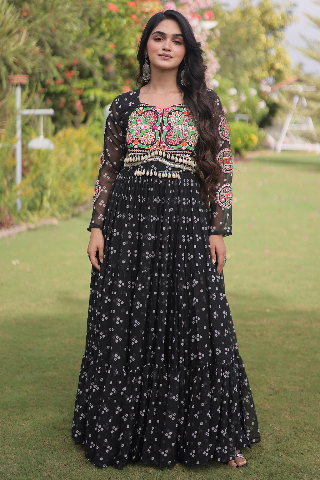 Black Georgette Printed Flared Anarkali Kurti with Kachchi Work