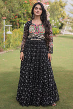 Black Georgette Printed Flared Anarkali Kurti with Kachchi Work