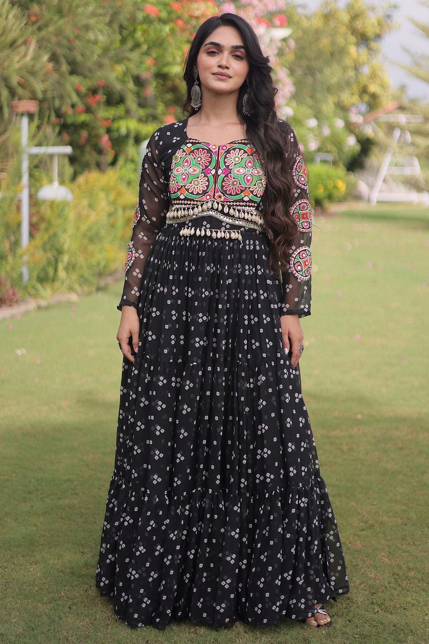 Black Georgette Printed Flared Anarkali Kurti with Kachchi Work