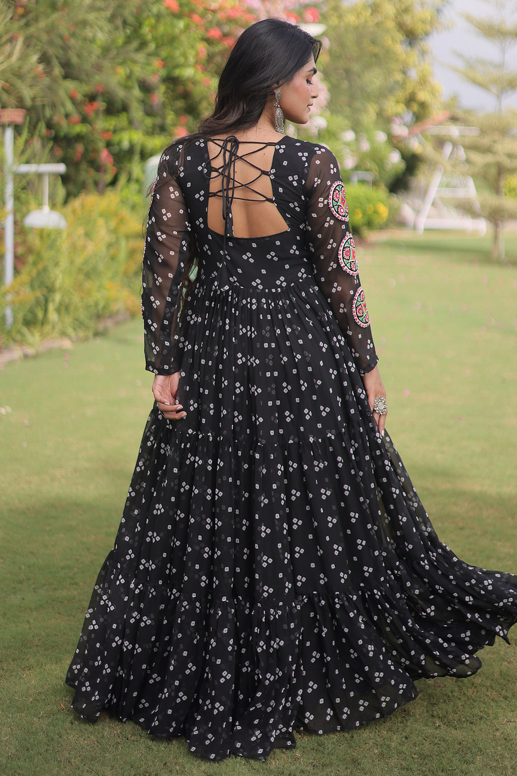 Black Georgette Printed Flared Anarkali Kurti with Kachchi Work