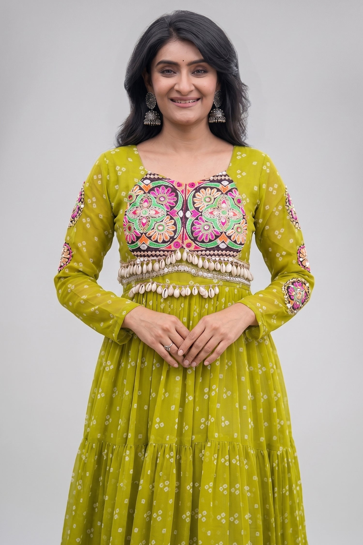 Parrot Green Georgette Printed Flared Anarkali Kurti with Kachchi Work Secondary image