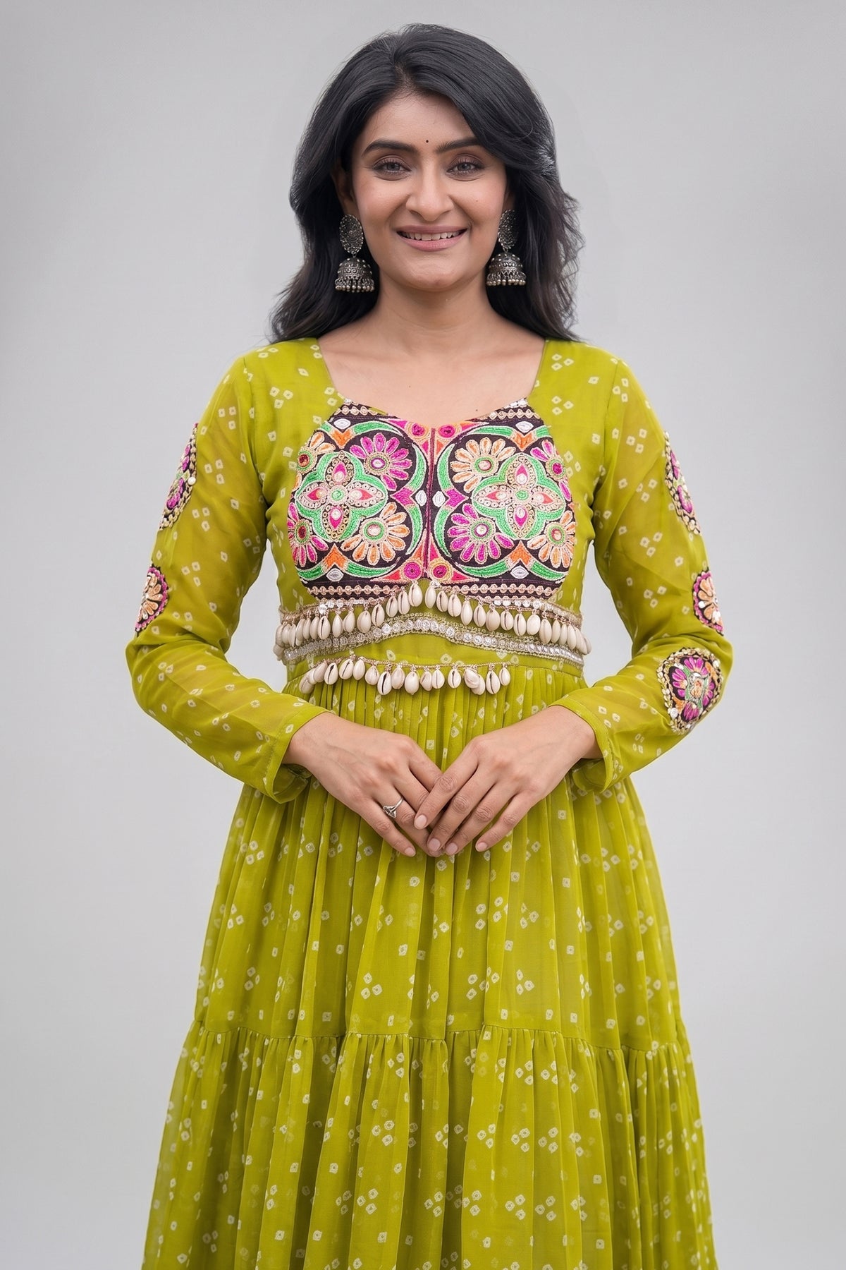 Parrot Green Georgette Printed Flared Anarkali Kurti with Kachchi Work