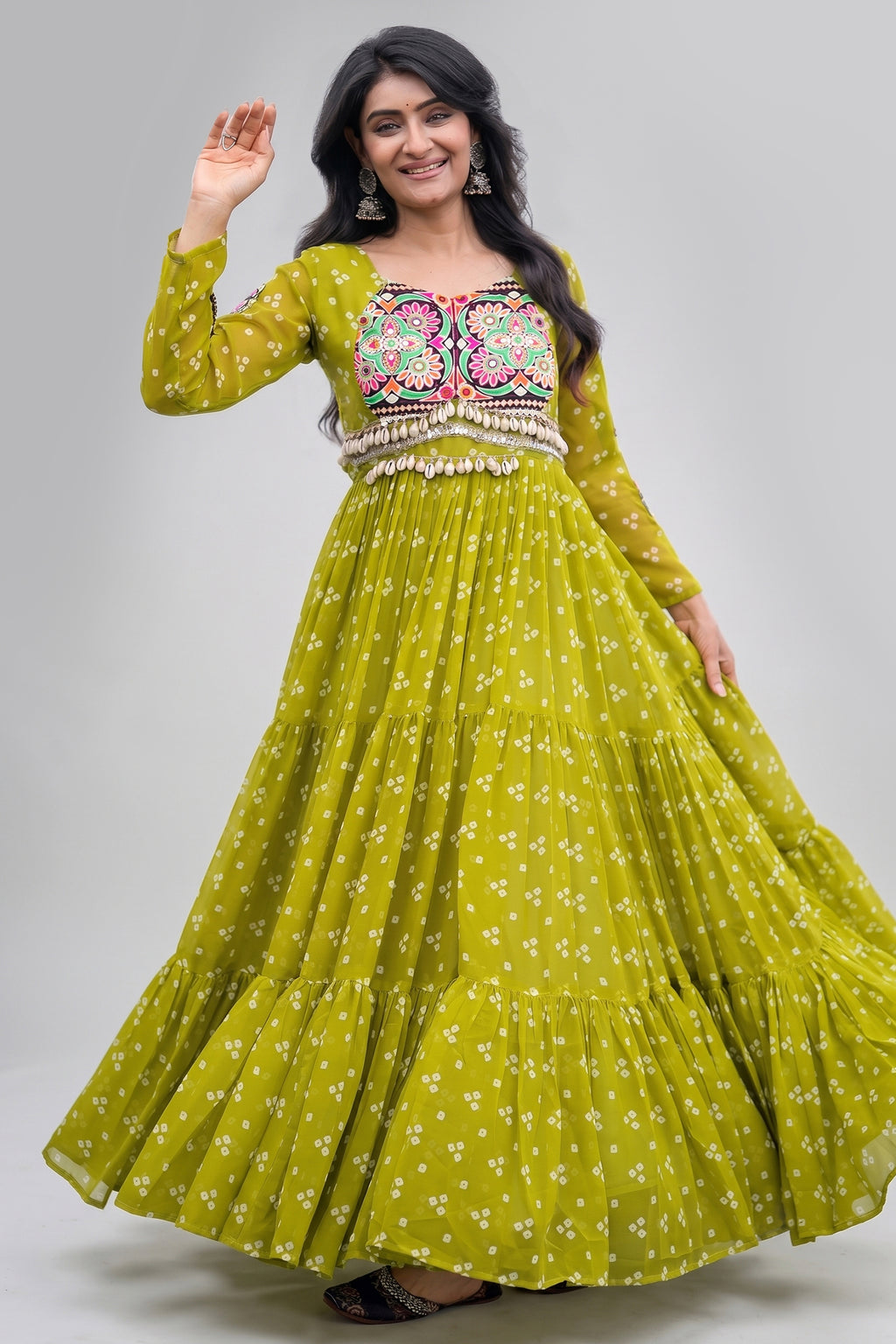 Parrot Green Georgette Printed Flared Anarkali Kurti with Kachchi Work