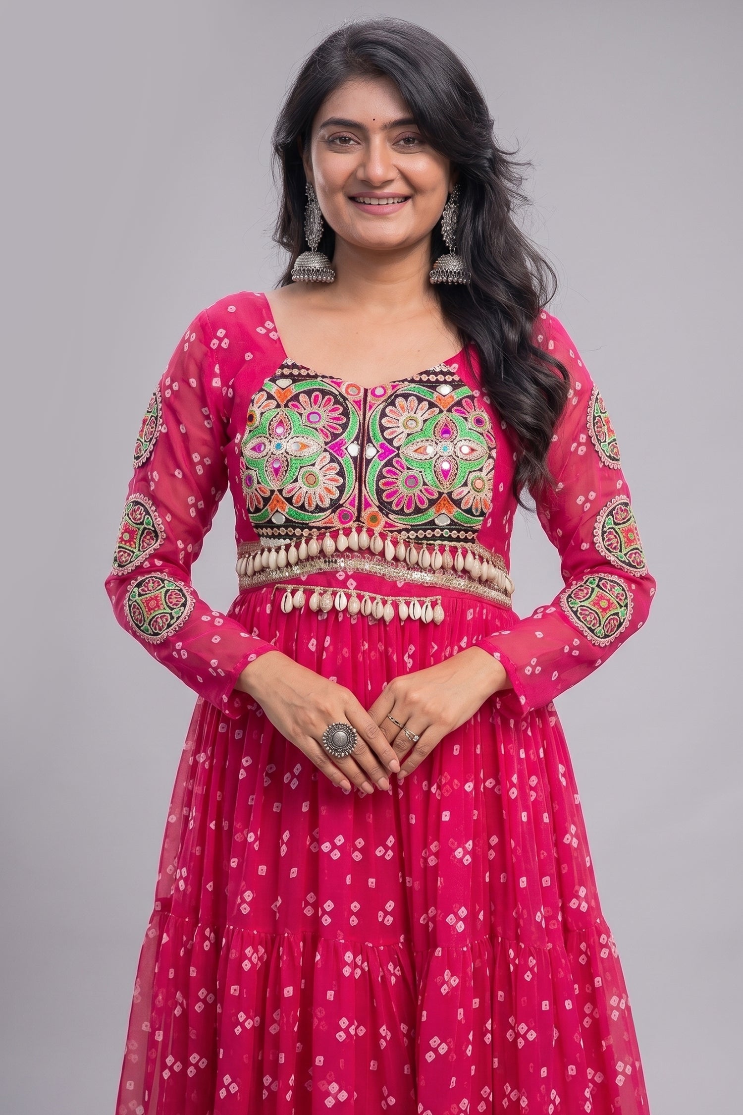 Pink Georgette Printed Flared Anarkali Kurti with Kachchi Work Secondary image