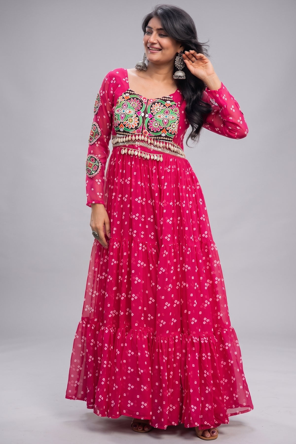 Pink Georgette Printed Flared Anarkali Kurti with Kachchi Work Main image