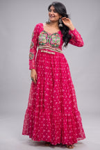 Pink Georgette Printed Flared Anarkali Kurti with Kachchi Work