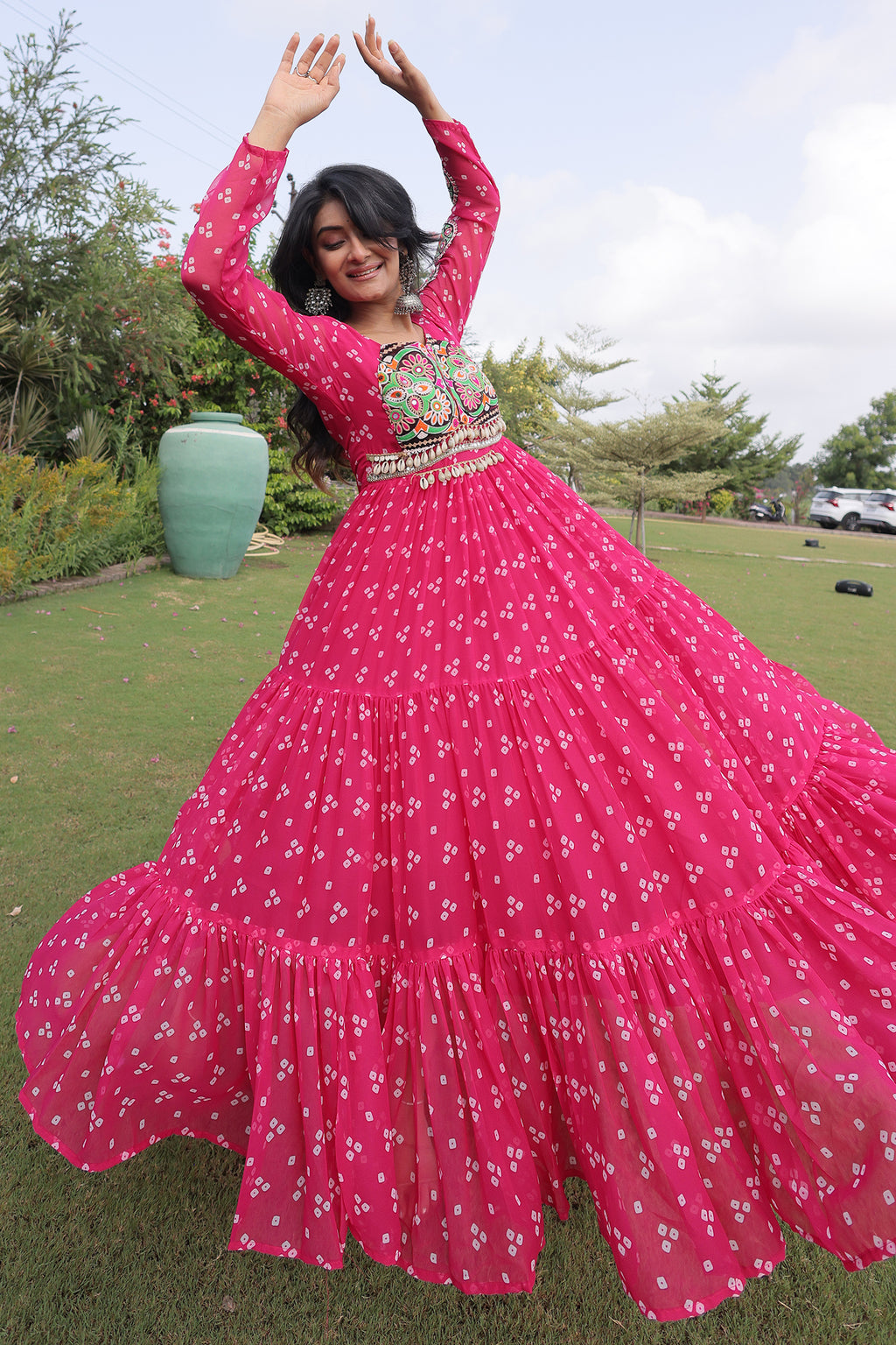 Pink Georgette Printed Flared Anarkali Kurti with Kachchi Work
