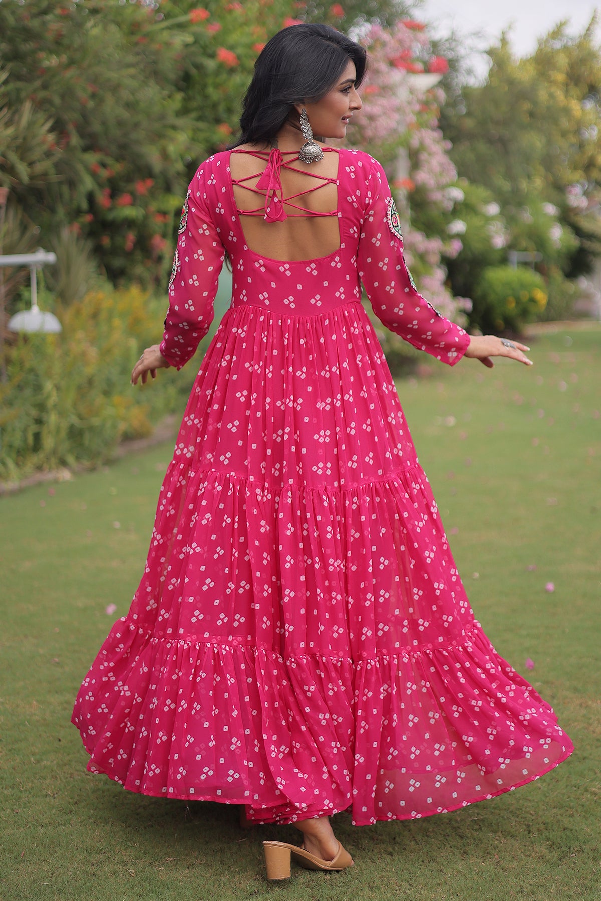 Pink Georgette Printed Flared Anarkali Kurti with Kachchi Work