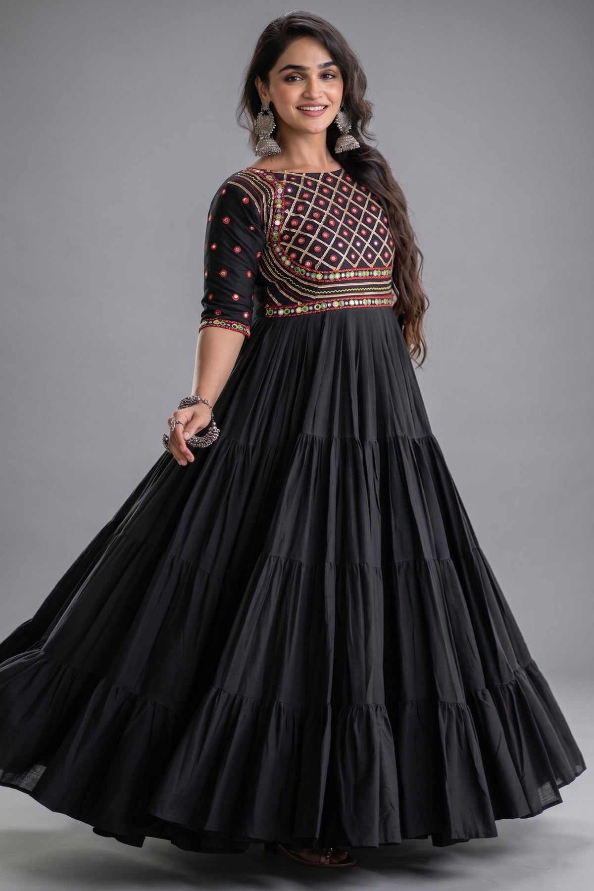 Black Cotton Mirror and Gota Lace Anarkali Kurti Main image