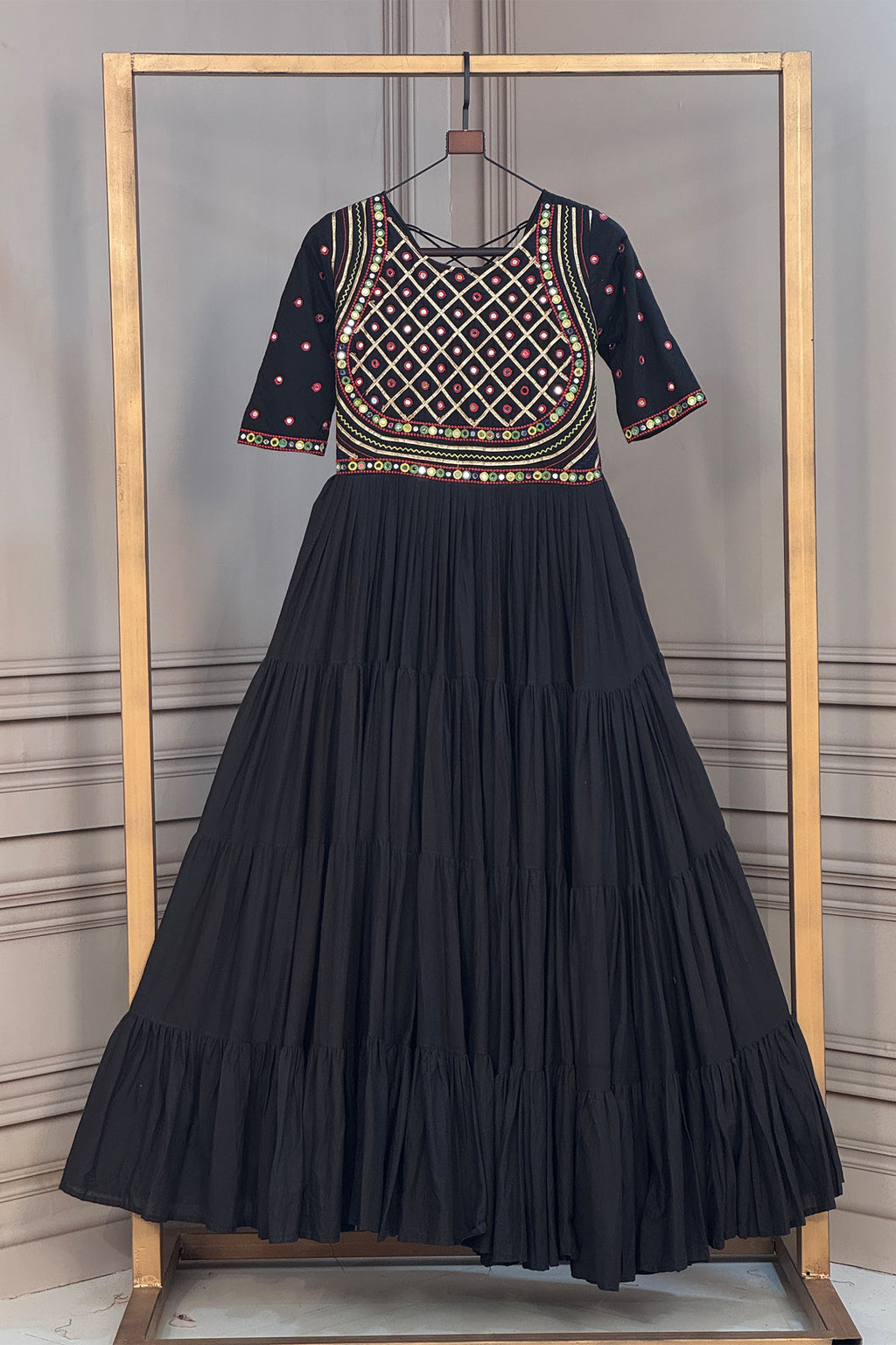 Black Cotton Mirror and Gota Lace Anarkali Kurti