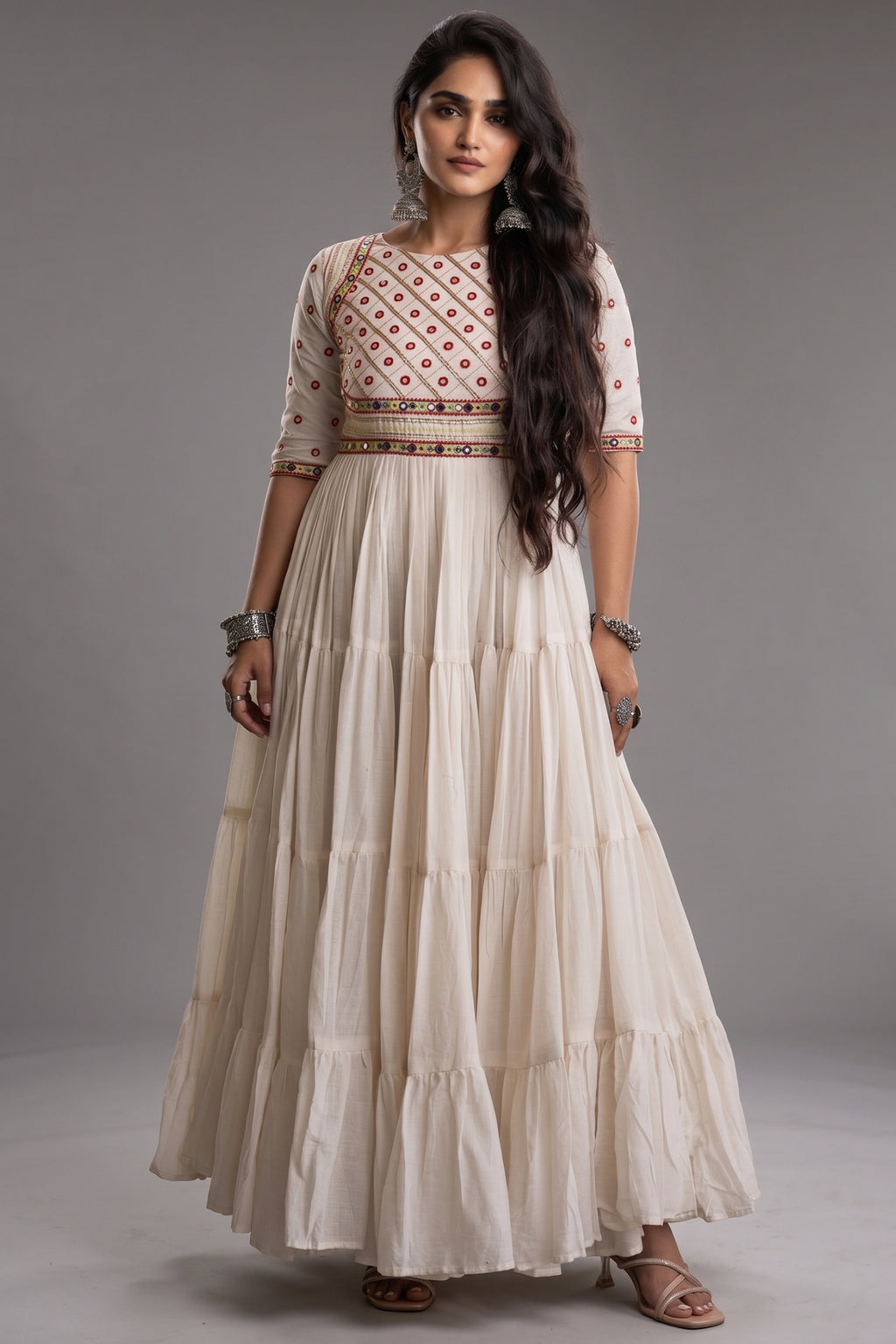 Pearl White Cotton Mirror and Gota Lace Anarkali Kurti