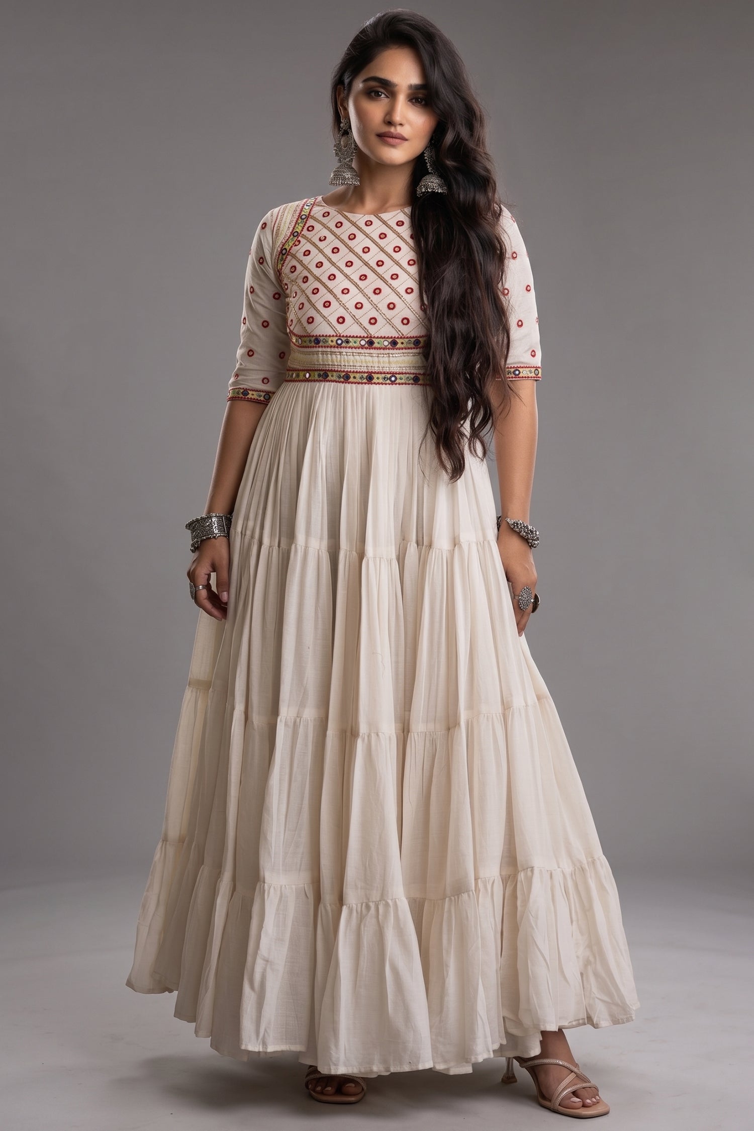 Pearl White Cotton Mirror and Gota Lace Anarkali Kurti