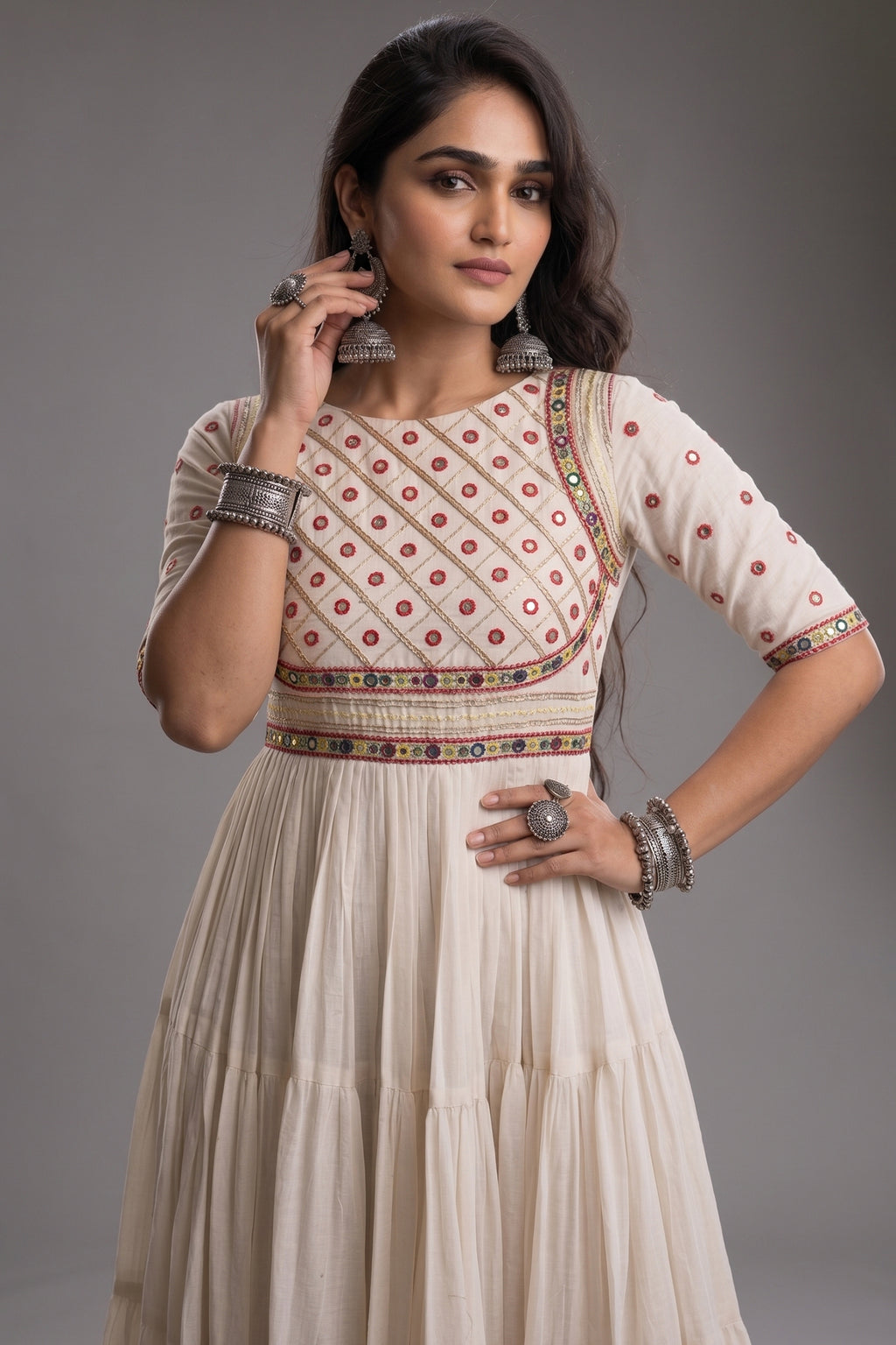 Pearl White Cotton Mirror and Gota Lace Anarkali Kurti