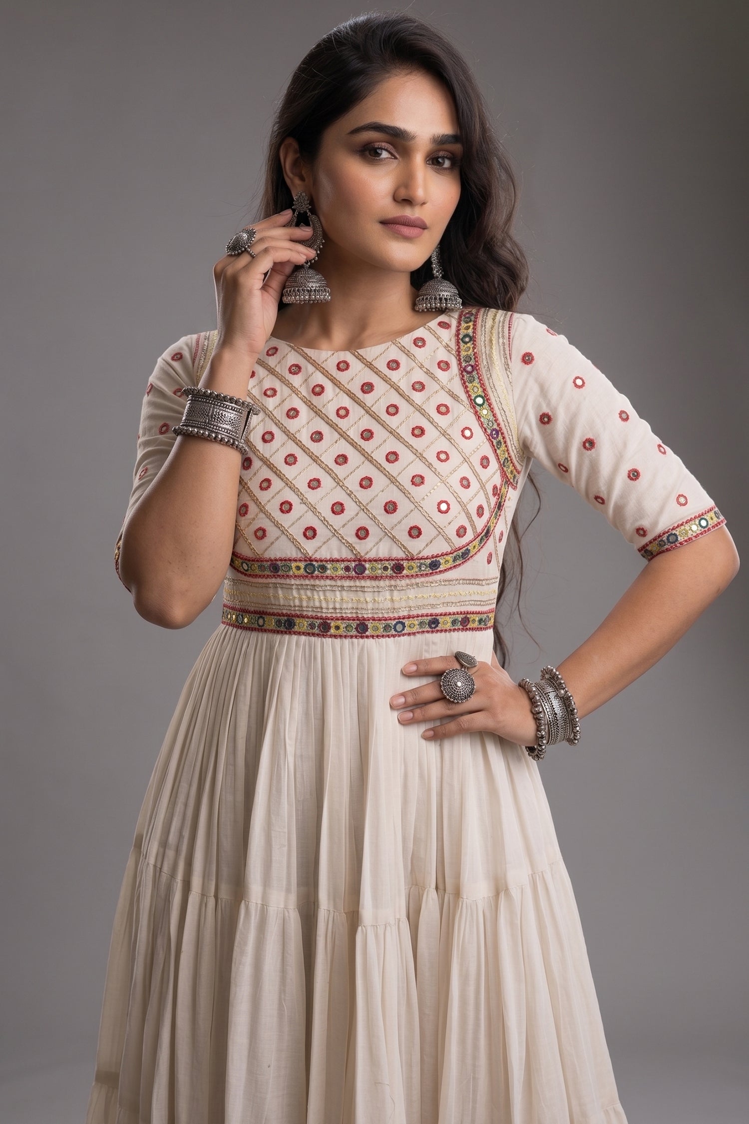 Pearl White Cotton Mirror and Gota Lace Anarkali Kurti